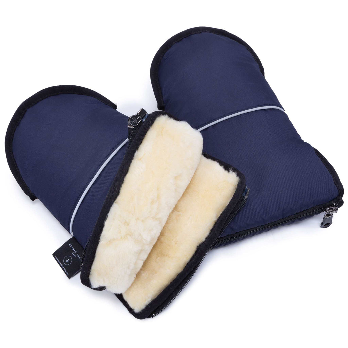 Gloovy Lammfell Handwärmer mit wind- und wasserabweisendem Material, echtem Lammfell, Reflektorstreifen und Kinderwagenbefestigung