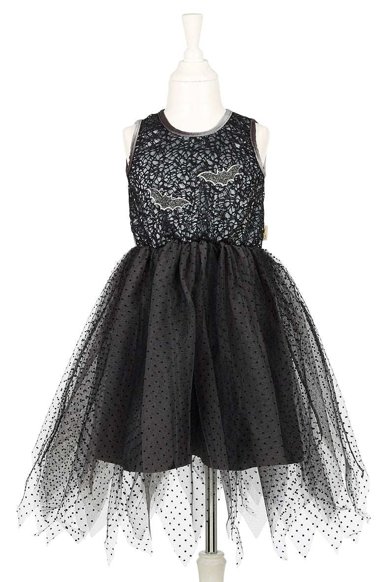 Schwarzes Kleid Mathilde 5-7 Jahre mit Glitter und Fledermausapplikationen für Halloween und Karneval