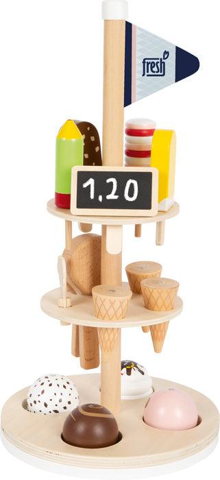 Holziger Eisständer fresh mit bunten Eissorten, Waffeln und magnetischen Eiskugeln für Kinder-Rollenspiele