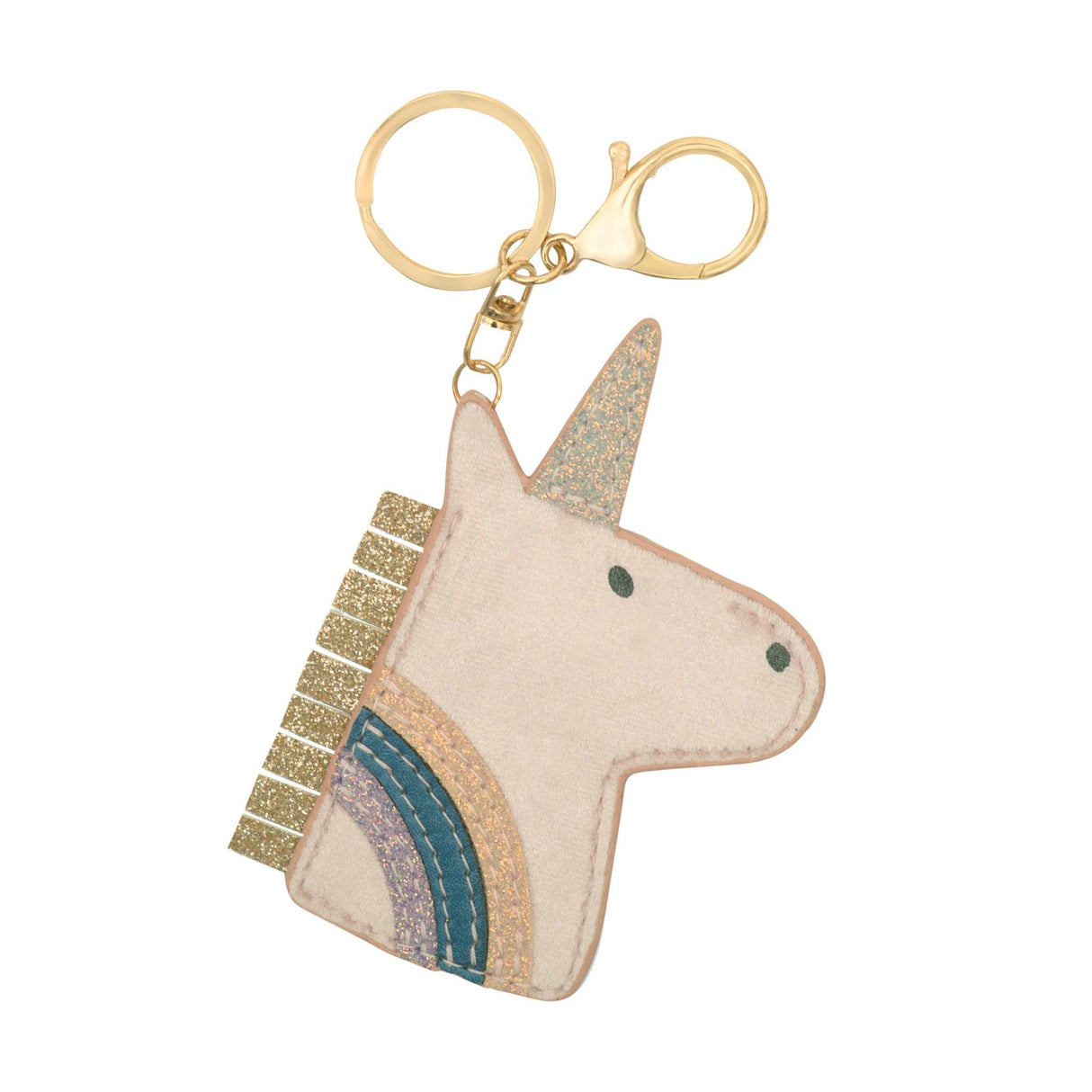 Einhorn Schlüsselanhänger mit goldenem Karabinerhaken und glitzernden Details aus Polyester und Metall