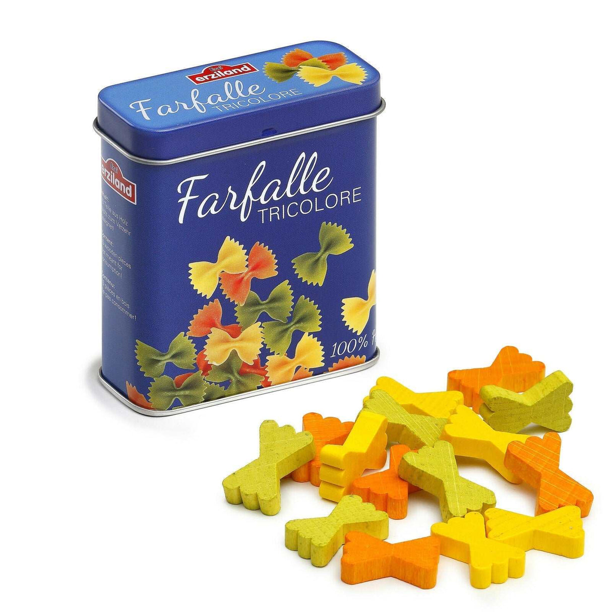 Holzspielzeug Farfalle in der Dose mit bunten Nudeln für Kinder Kaufladen Spiel