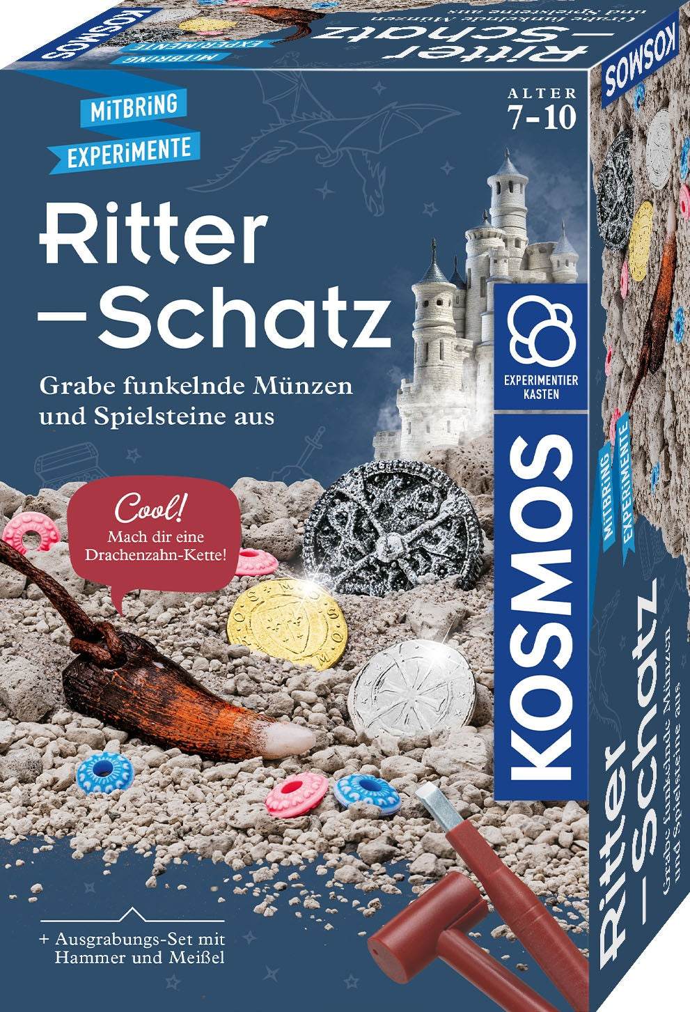 Kinderspiel Ausgrabungsset von Kosmos mit Hammer, Meißel und Drachenzahnschatz im Gipsblock