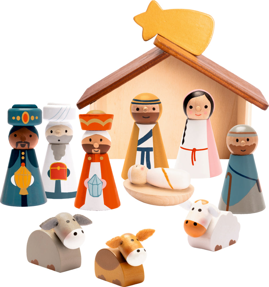 Holzkrippe mit Figuren - Fröhliche Weihnachten