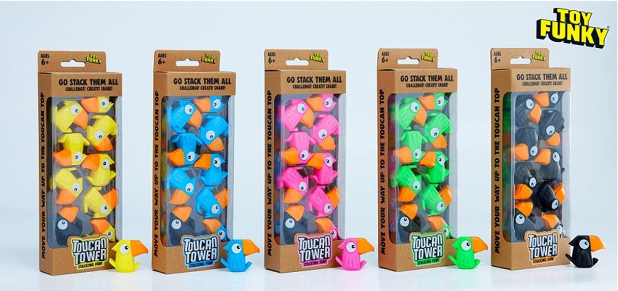 Bunter Toucan Tower Stapelspiel mit balancierten Tukans in verschiedenen Farben