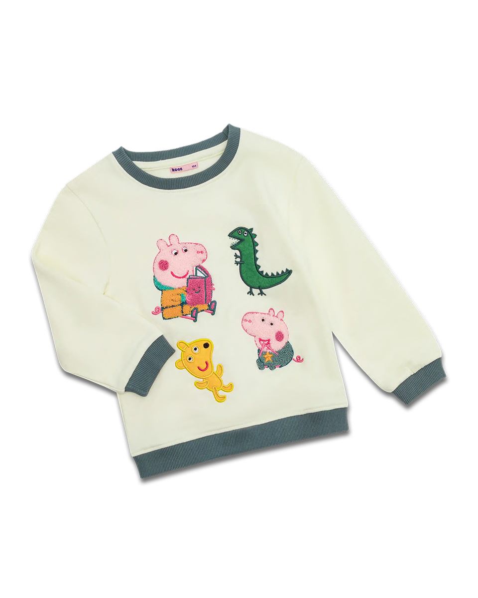 Beiger Peppa Wutz Sweater mit Peppa und George aus 100% Bio-Baumwolle, Größe 98, nachhaltig und kuschelig