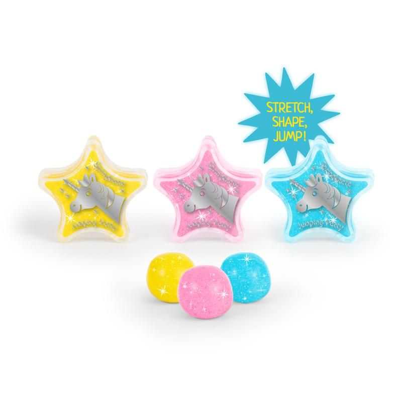 Magic Moments Glitzer-Springknete in Stern-Aufbewahrungsdose zum Kneten und Springen in gelb, blau oder rosa