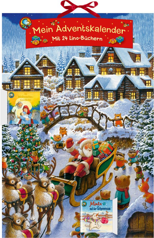 Mein Adventskalender von Coppenrath mit 24 bunten Lino-Büchern und irisierendem Schleifenband