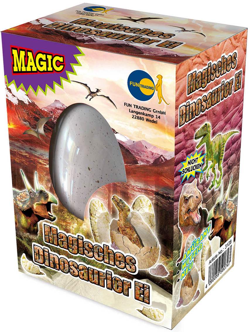 Magic Growing Egg with hatching dinosaur toy inside chocolate shell in glass of water