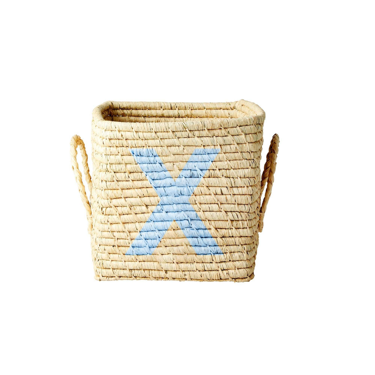Quadratischer Raffia Quader Korb mit handgemaltem buntem Buchstaben X, 20x20x20 cm, fair gefertigt in Madagaskar