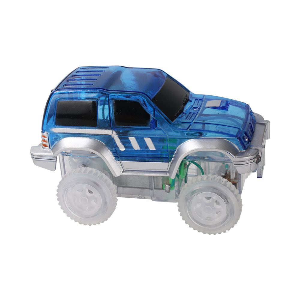 Blue race track car with headlights for Cleverclixx track, suitable for kids 3+