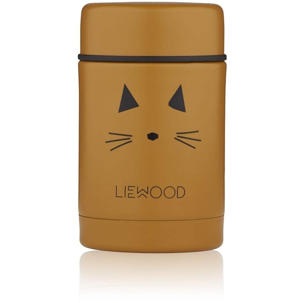 Nadja Thermobehälter Katze in Senfgelb, Edelstahl Isolierbehälter 250 ml, handgefertigt, warmhaltend bis 6 Stunden, kompakt und robust