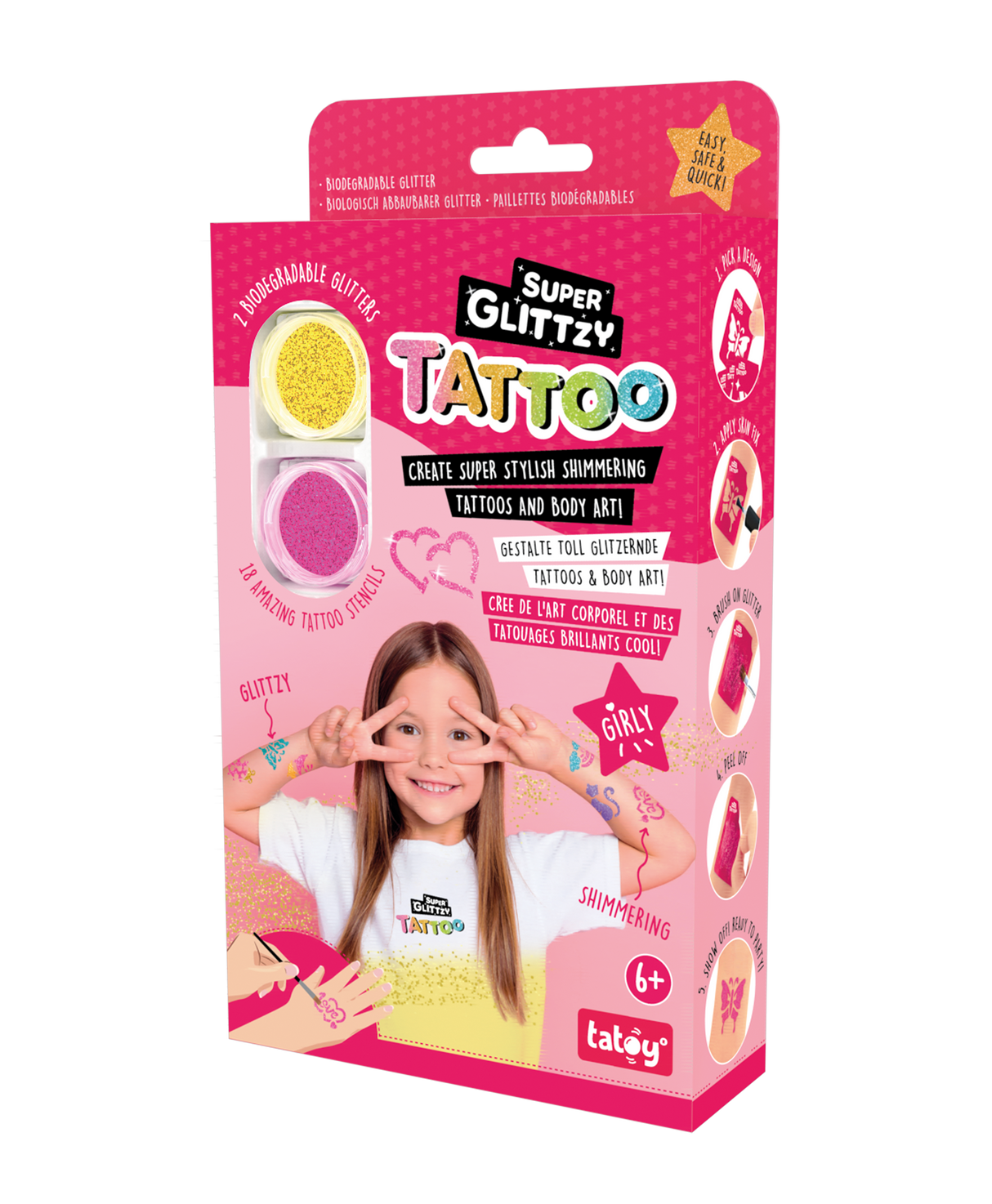 Super Glittzy Tattoo-Set girly with glitter, skin-safe and waterproof temporary tattoos for kids