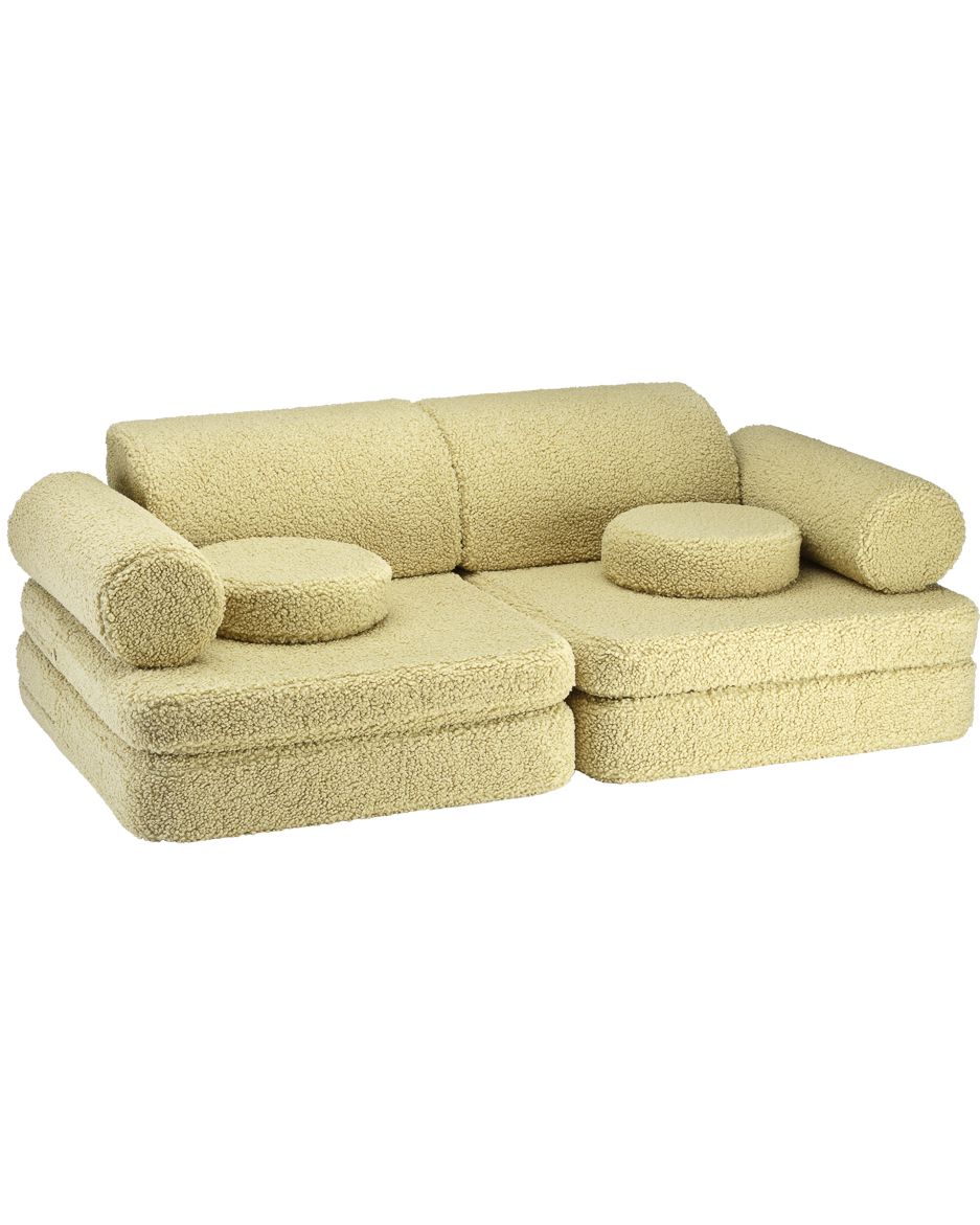 Teddy Settee in matcha green with nine cushions for children's play and relaxation