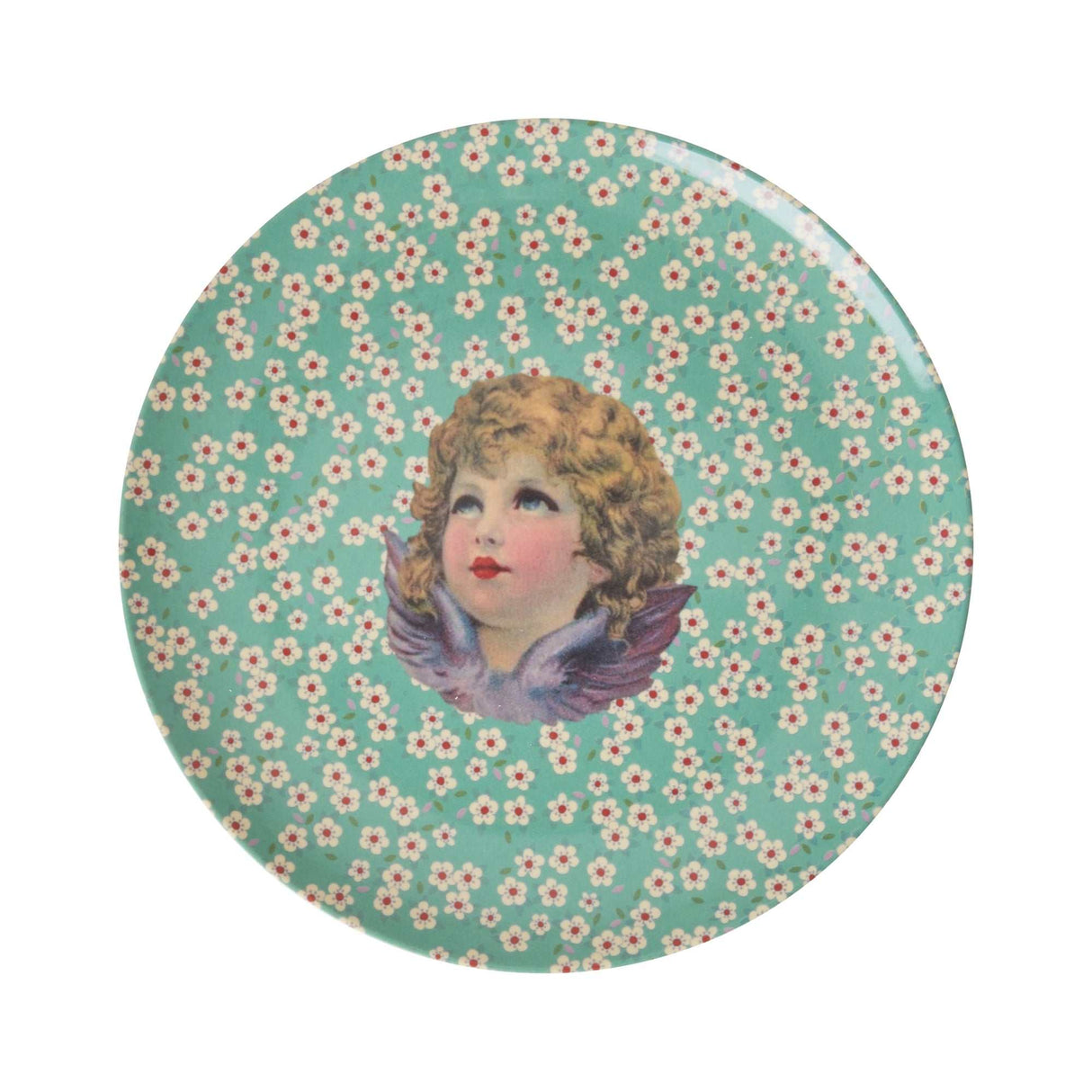 Kinderteller Angel mit grünem Engel-Print auf kariertem Hintergrund, Melamin, spülmaschinengeeignet, 20 cm Durchmesser