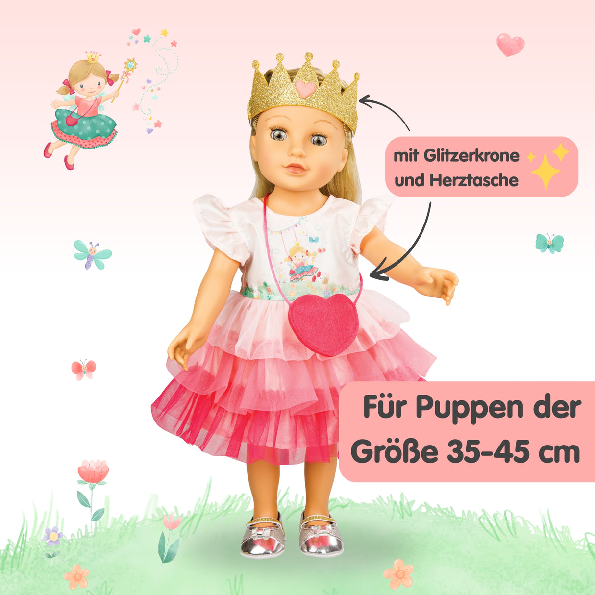 Puppenkleid "Pr!nzessin Emily" mit Herztasche und Krone. Gr. 35-45
