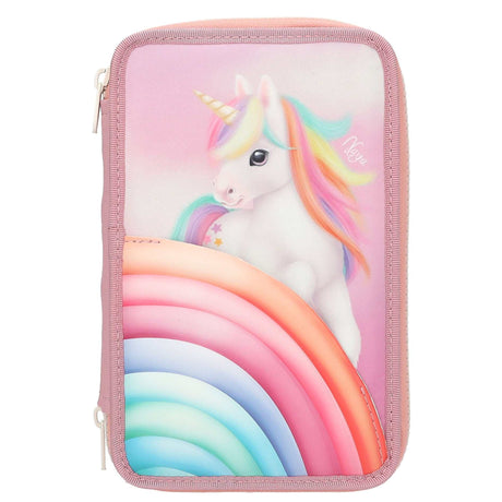 Yivi 3 Fach Federtasche rosa mit Einhorn und bunten Reißverschlüssen, gefüllt mit Stiften und Schulsachen