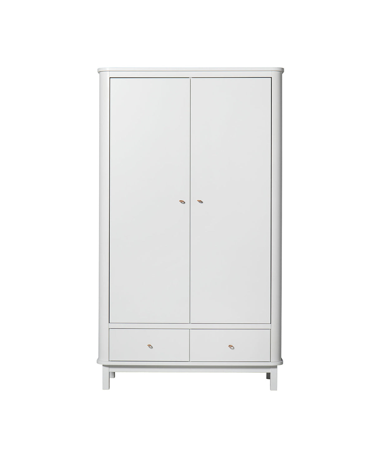 Weißer Wood Kleiderschrank 2-türig mit runden Haken und handgearbeiteten Ledergriffen in modernem Design