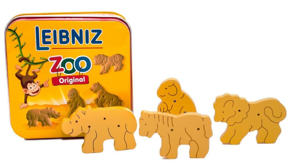 Leibniz Zoo metal cookie tin with four wooden cookies for children's play kitchen and shop, 9x9x3 cm