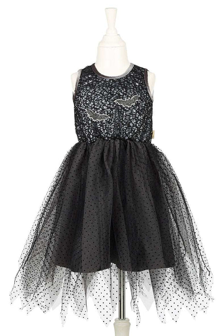 Schwarzes Kleid Mathilde 5-7 Jahre mit Glitter und Fledermausapplikationen für Halloween und Karneval
