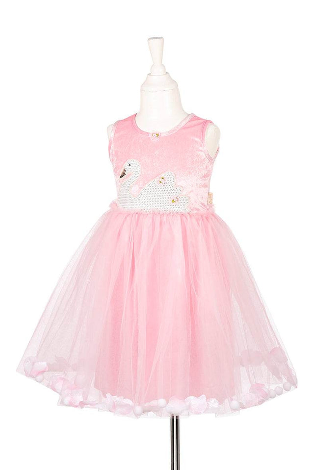 Mädchen trägt Schwanen-Kleid mit glitzerndem Schwan und Rosenblättern für 5-7 Jahre