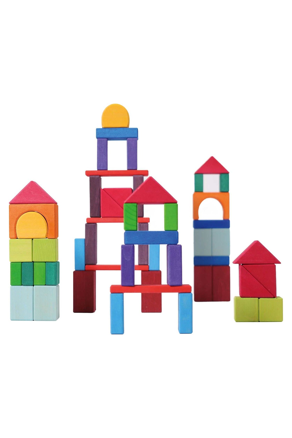 60 bunte Grimms Geo-Klötze aus geöltem Lindenholz in geometrischen Formen zum Bauen und Stapeln