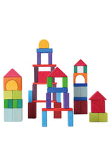 60 bunte Grimms Geo-Klötze aus geöltem Lindenholz in geometrischen Formen zum Bauen und Stapeln