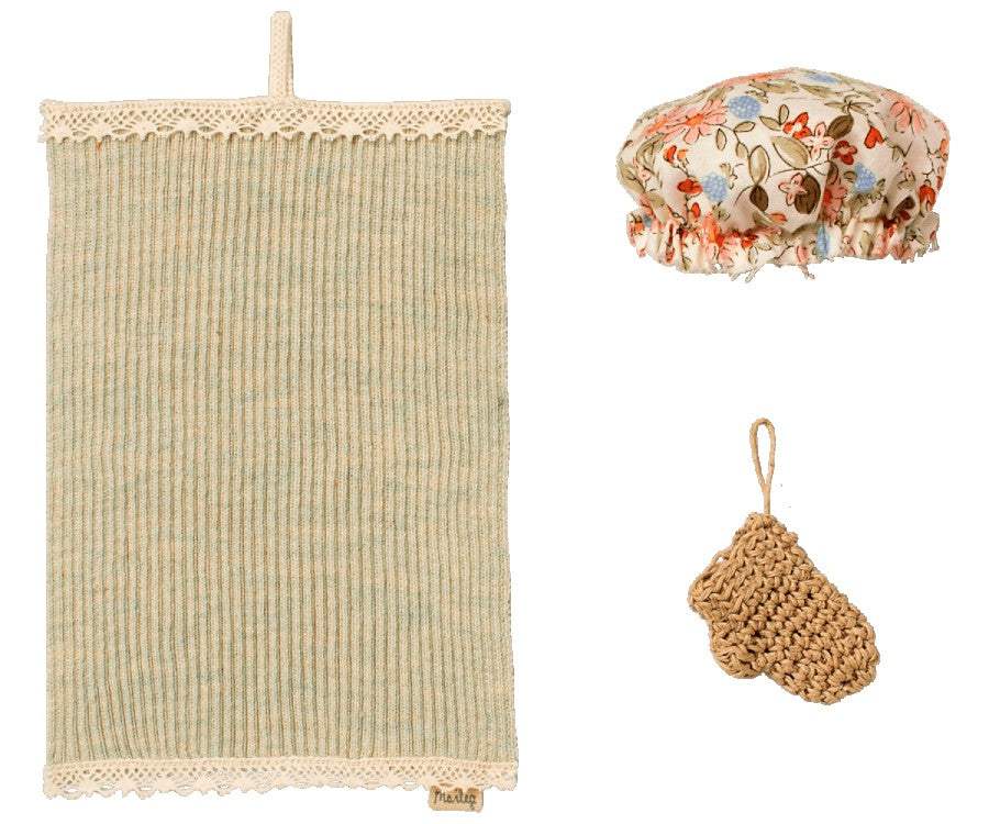 Maileg Puppenhaus Wellness-Set mit Handtuch, Bademütze und Badefäustling für Maileg-Hasen und Teddy-Familie
