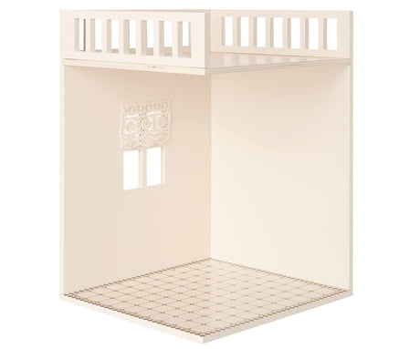 Miniatur Haus Badezimmer aus FSC-Holz mit dekoriertem Boden und Vorhängen, Puppenhaus-Zusatzraum
