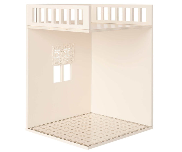Miniatur Haus Badezimmer aus FSC-Holz mit dekoriertem Boden und Vorhängen, Puppenhaus-Zusatzraum
