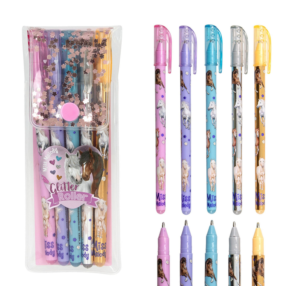 Miss Melody Glitter Gel Roller in Pink, Lila, Blau, Silber und Gold mit Pferdeprint und Blumen-Konfetti-Täschchen