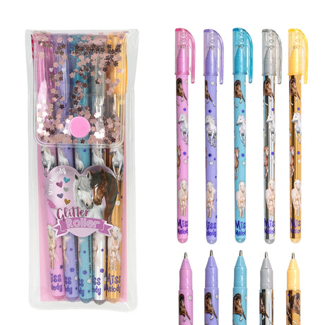 Miss Melody Glitter Gel Roller in Pink, Lila, Blau, Silber und Gold mit Pferdeprint und Blumen-Konfetti-Täschchen