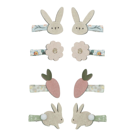 Hase & Blumen Mini Clips mit Hasen-, Karotten- und Blumenmotiven aus Wildleder, 8 Stück, 3 cm lang