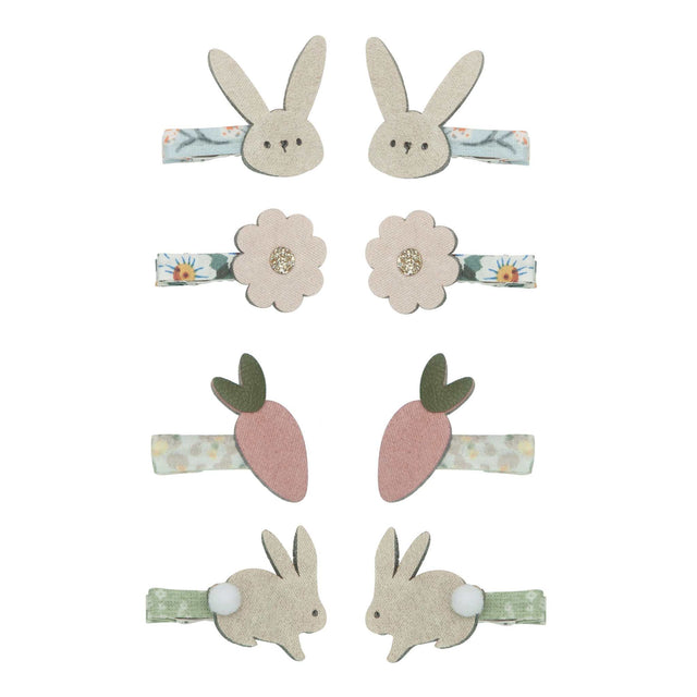 Hase & Blumen Mini Clips mit Hasen-, Karotten- und Blumenmotiven aus Wildleder, 8 Stück, 3 cm lang