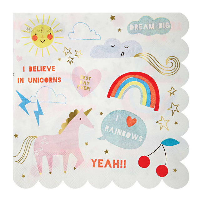 I Believe in Unicorns Servietten mit bunten Glitzer-Einhörnern und Goldfolienakzenten