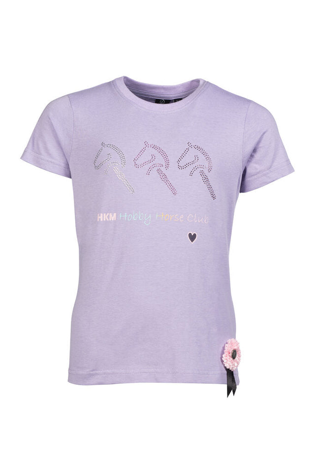 Lavendelfarbenes Kinder-Hobby Horsing T-Shirt mit 3D Turnierschleife und Baumwollmaterial in Größe 146/152