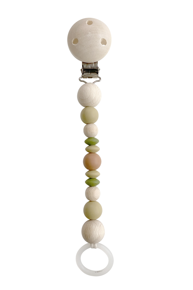 Schnullerkette Earth mit PEFC-zertifizierten Holz- und Silikonperlen in Olive, sicher und natürlich für Babys.