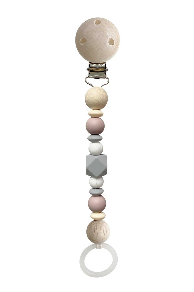 Schnullerkette Silber mit PEFC-zertifizierten Holz- und Silikonperlen in Grau und Rose, 16 cm lang