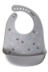 Silikon Lätzchen Panda in Silber Grau mit Auffangschale und verstellbarem Nackenband, BPA-frei und spülmaschinenfest.