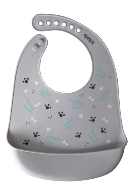 Silikon Lätzchen Panda in Silber Grau mit Auffangschale und verstellbarem Nackenband, BPA-frei und spülmaschinenfest.