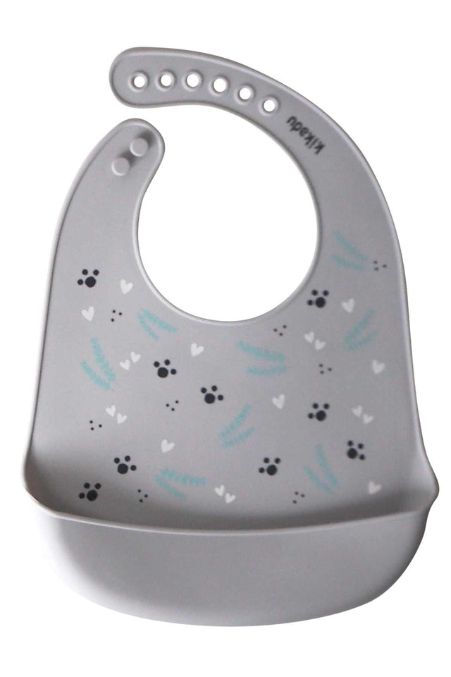 Silikon Lätzchen Panda in Silber Grau mit Auffangschale und verstellbarem Nackenband, BPA-frei und spülmaschinenfest.