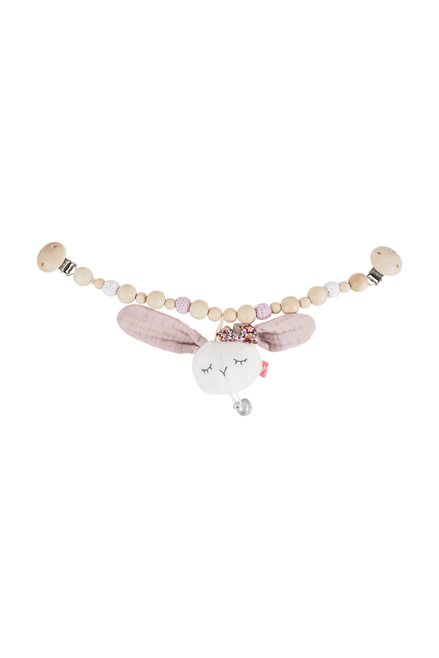 Kinderwagenkette Hase mit kleinem Hasen und Glöckchen aus 100% Bio-Baumwolle, 41 cm lang, zum Anfassen und Entdecken