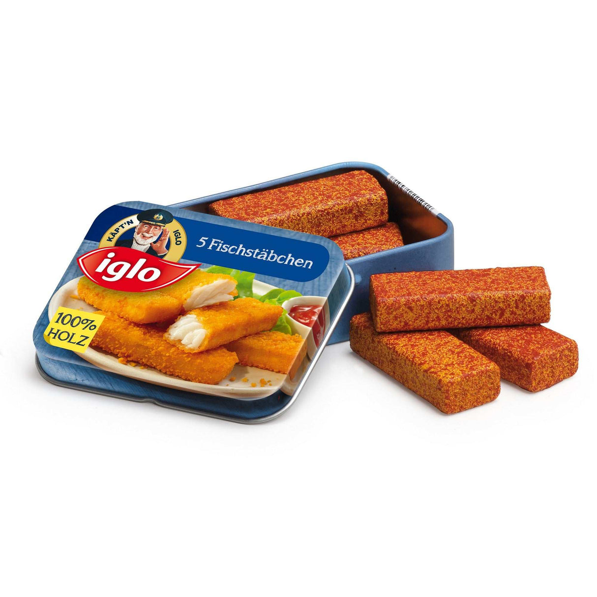 Holzspielzeug Fischstäbchen von Iglo Dose Kinder Kaufladen Rollenspiel