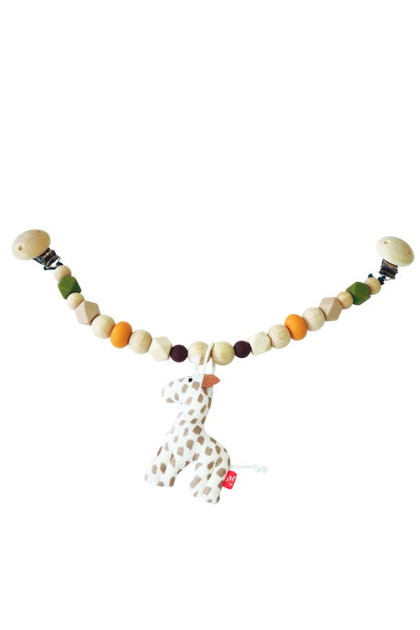 Kinderwagenkette Giraffe mit bunten Holz- und Silikonperlen und Mini-Giraffe Rassel für Babys im Kinderwagen