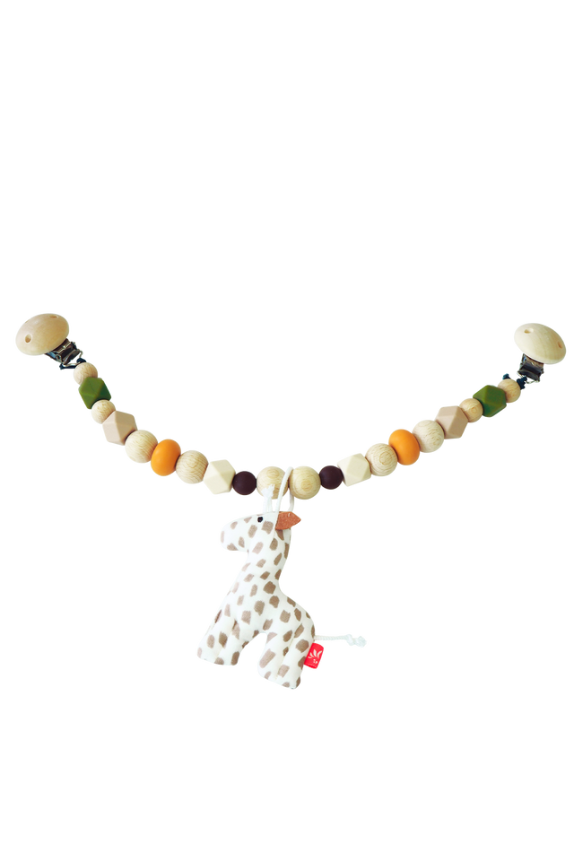 Kinderwagenkette Giraffe mit bunten Holz- und Silikonperlen und Mini-Giraffe Rassel für Babys im Kinderwagen