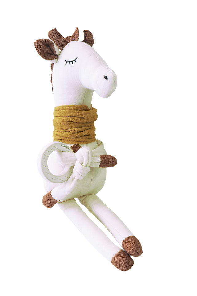 Aktivitätsspielzeug Giraffe aus Biobaumwolle mit Glocke, Quietscher und Beißring für Babys ab 3 Monaten