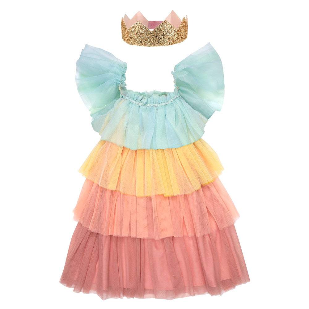 Kinderkostüm Regenbogen Prinzessin mit mehrfarbigem Tüllkleid und goldener Krone für 3-4 Jahre