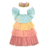 Kinderkostüm Regenbogen Prinzessin mit mehrfarbigem Tüllkleid und goldener Krone für 3-4 Jahre