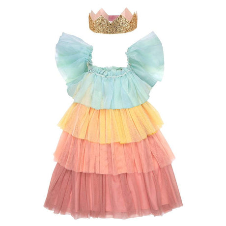 Kinderkostüm Regenbogen Prinzessin mit mehrfarbigem Tüllkleid und goldener Krone für 3-4 Jahre