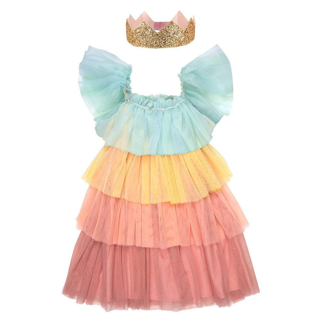 Kinderkostüm Regenbogen Prinzessin mit mehrfarbigem Tüllkleid und goldener Krone für 3-4 Jahre
