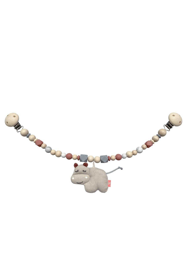 Kinderwagenkette Hippo mit Hippo-Anhänger und Holzclips zur sensorischen Stimulation für Babys ab 0-12 Monate